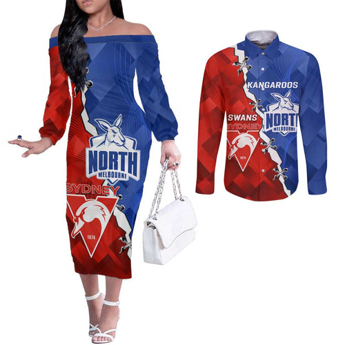 Personalised Kangaroos and Swans Couples Matching Off The Shoulder Long Sleeve Dress and Long Sleeve Button Shirt Dynamic Sporty Version
