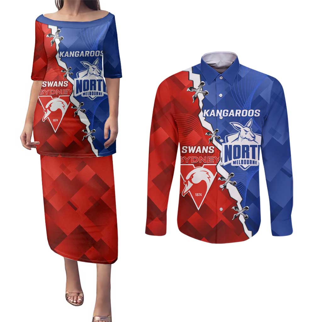 Personalised Kangaroos and Swans Couples Matching Puletasi and Long Sleeve Button Shirt Dynamic Sporty Version