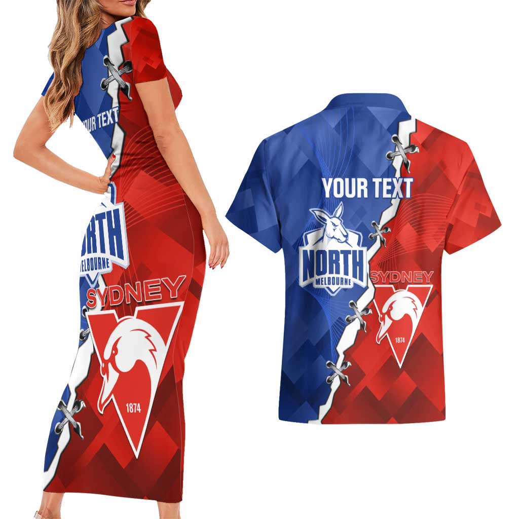 Personalised Kangaroos and Swans Couples Matching Short Sleeve Bodycon Dress and Hawaiian Shirt Dynamic Sporty Version