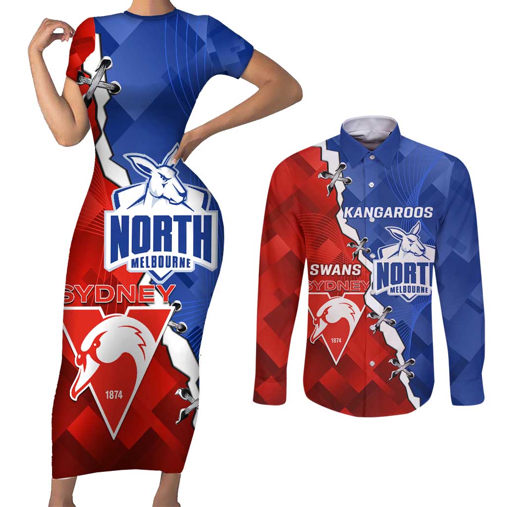 Personalised Kangaroos and Swans Couples Matching Short Sleeve Bodycon Dress and Long Sleeve Button Shirt Dynamic Sporty Version