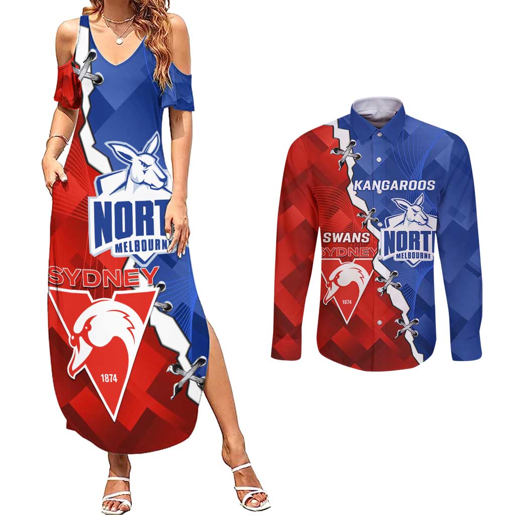 Personalised Kangaroos and Swans Couples Matching Summer Maxi Dress and Long Sleeve Button Shirt Dynamic Sporty Version