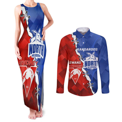Personalised Kangaroos and Swans Couples Matching Tank Maxi Dress and Long Sleeve Button Shirt Dynamic Sporty Version