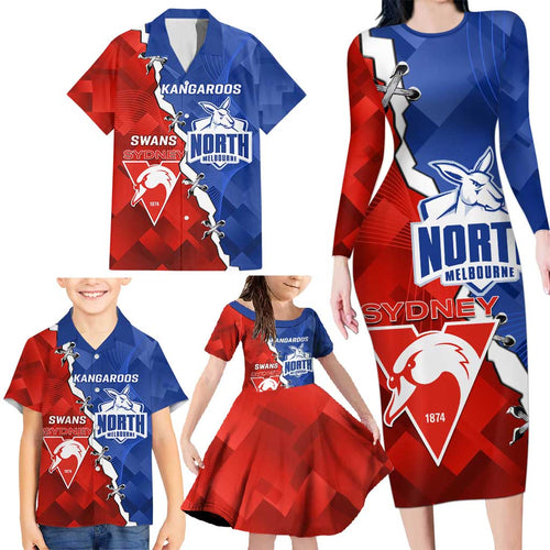 Personalised Kangaroos and Swans Family Matching Long Sleeve Bodycon Dress and Hawaiian Shirt Dynamic Sporty Version
