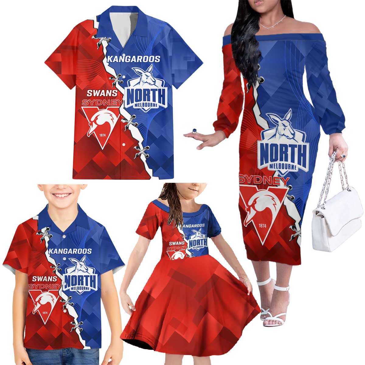 Personalised Kangaroos and Swans Family Matching Off The Shoulder Long Sleeve Dress and Hawaiian Shirt Dynamic Sporty Version