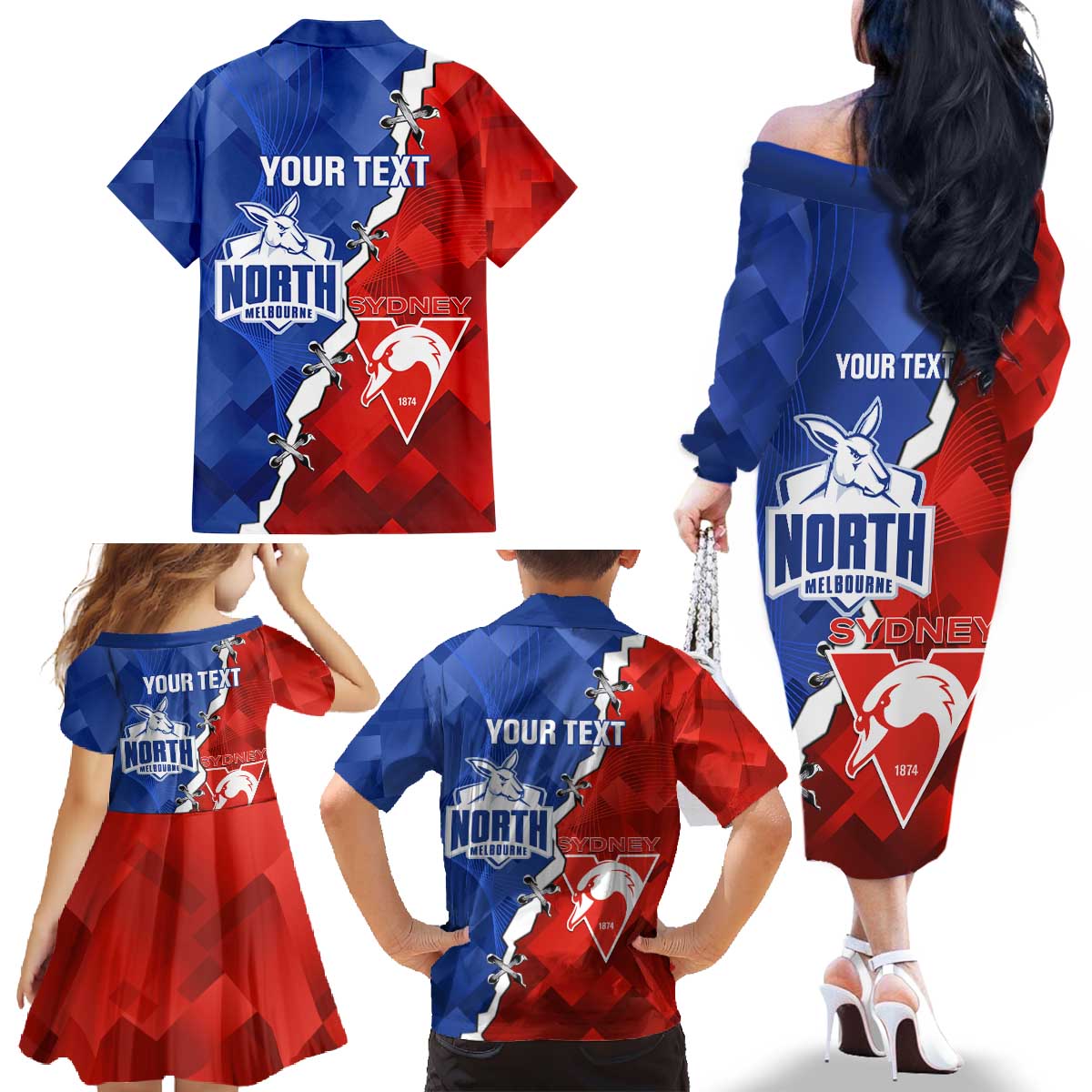Personalised Kangaroos and Swans Family Matching Off The Shoulder Long Sleeve Dress and Hawaiian Shirt Dynamic Sporty Version