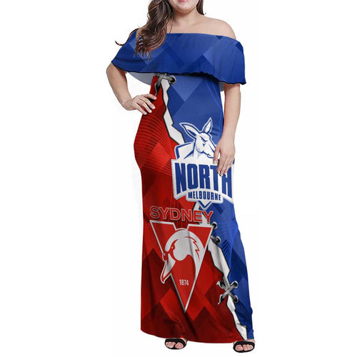 Personalised Kangaroos and Swans Family Matching Off Shoulder Maxi Dress and Hawaiian Shirt Dynamic Sporty Version