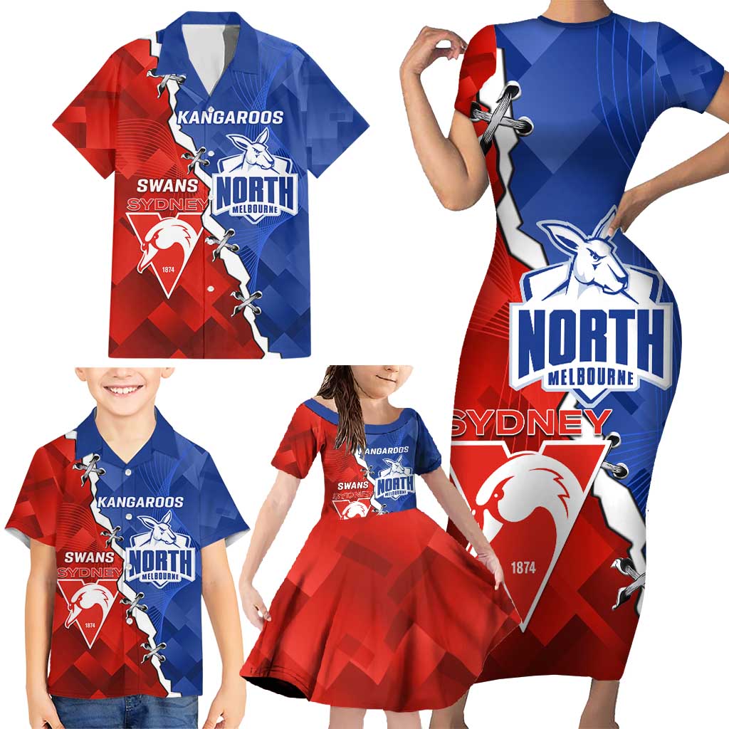 Personalised Kangaroos and Swans Family Matching Short Sleeve Bodycon Dress and Hawaiian Shirt Dynamic Sporty Version