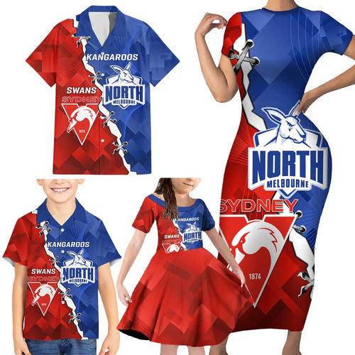 Personalised Kangaroos and Swans Family Matching Short Sleeve Bodycon Dress and Hawaiian Shirt Dynamic Sporty Version