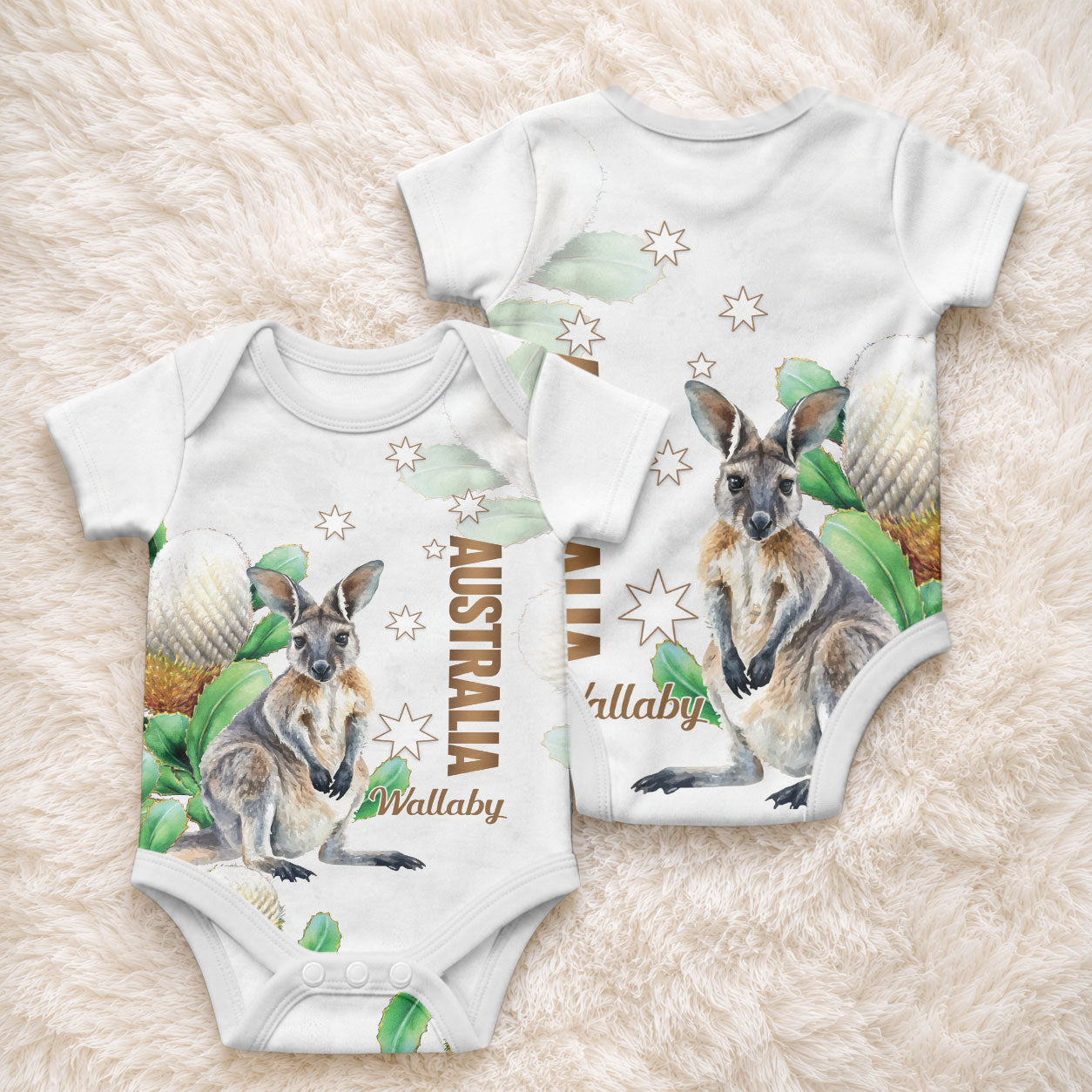 Australia Wallaby Baby Onesie Yellow Banksia Watercolor Style