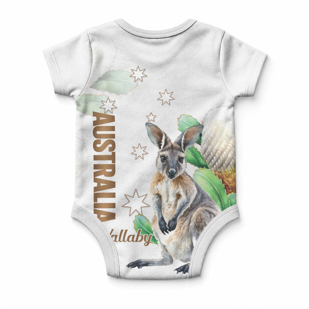 Australia Wallaby Baby Onesie Yellow Banksia Watercolor Style