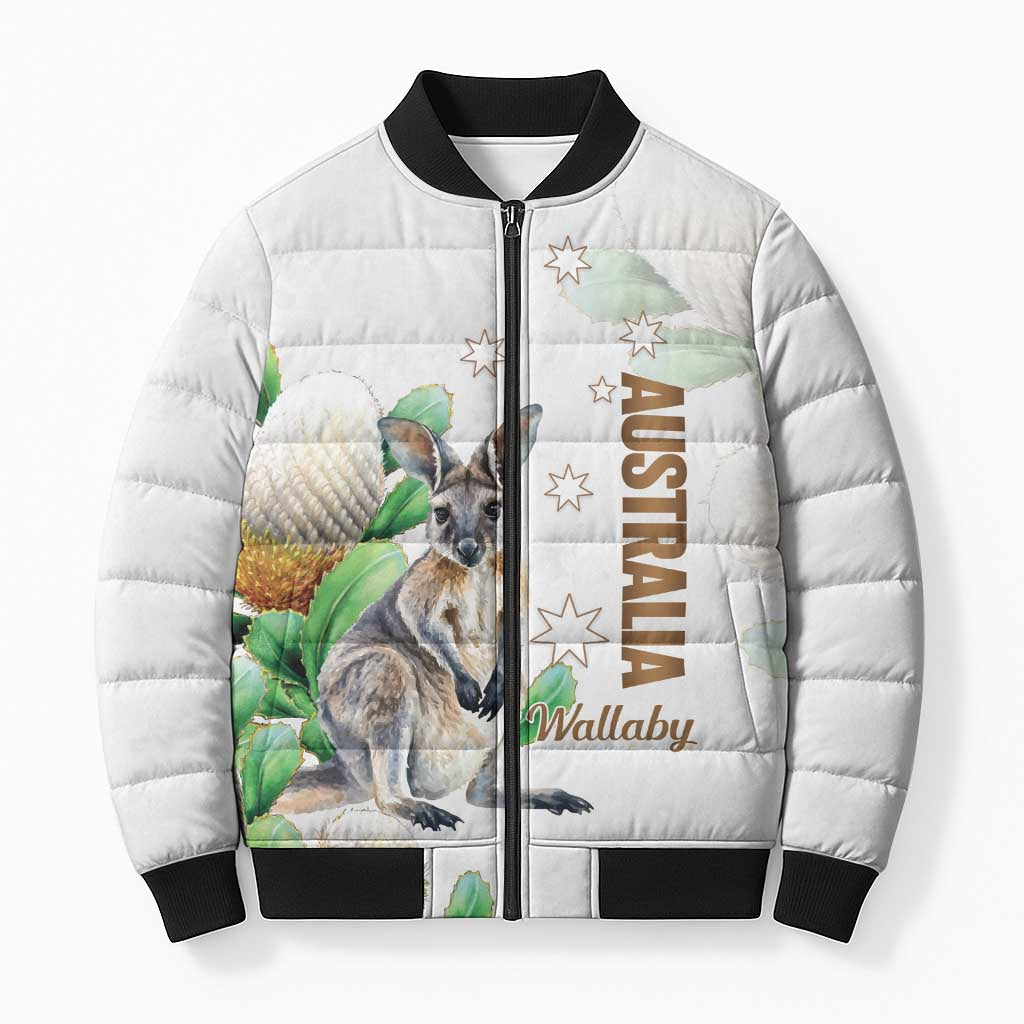 Australia Wallaby Bomber Puffer Jacket Yellow Banksia Watercolor Style - Aussie Hoodie