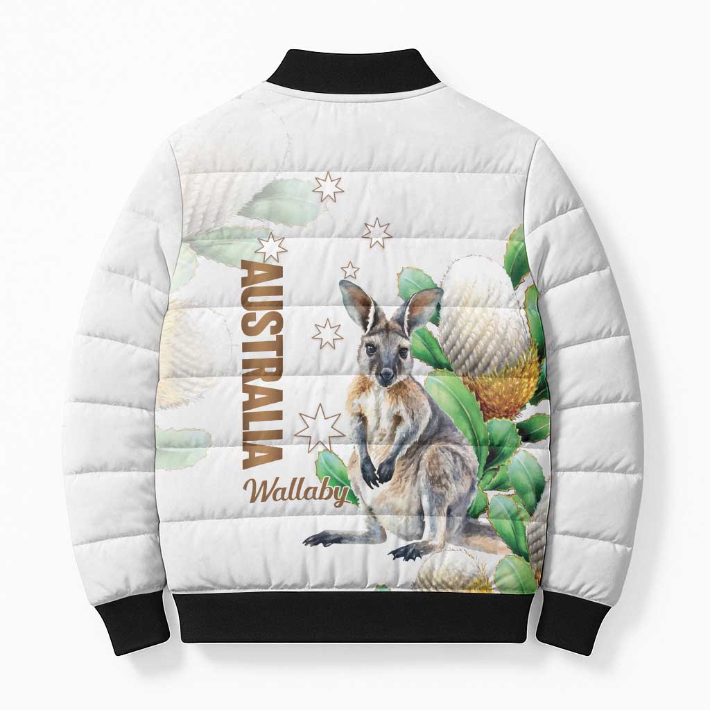 Australia Wallaby Bomber Puffer Jacket Yellow Banksia Watercolor Style - Aussie Hoodie