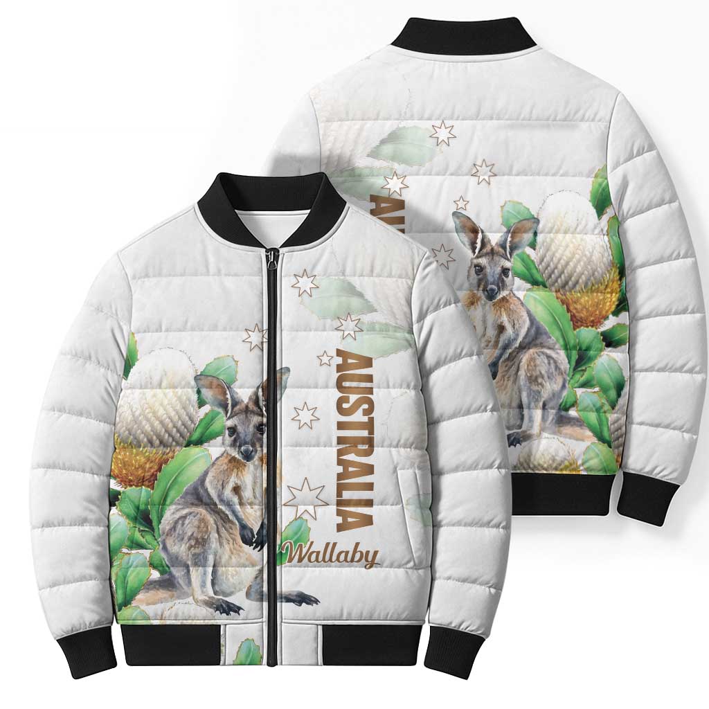 Australia Wallaby Bomber Puffer Jacket Yellow Banksia Watercolor Style - Aussie Hoodie