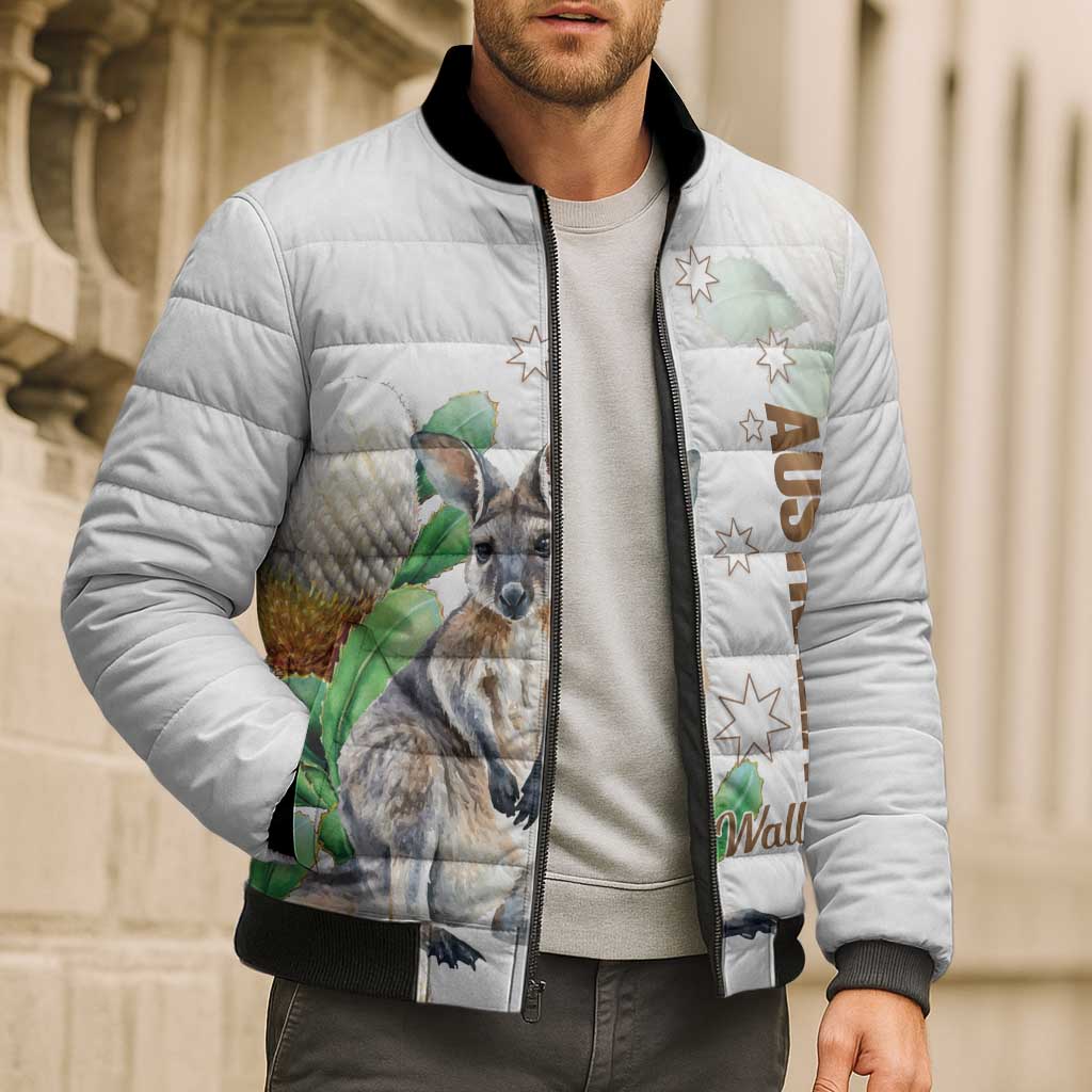 Australia Wallaby Bomber Puffer Jacket Yellow Banksia Watercolor Style - Aussie Hoodie