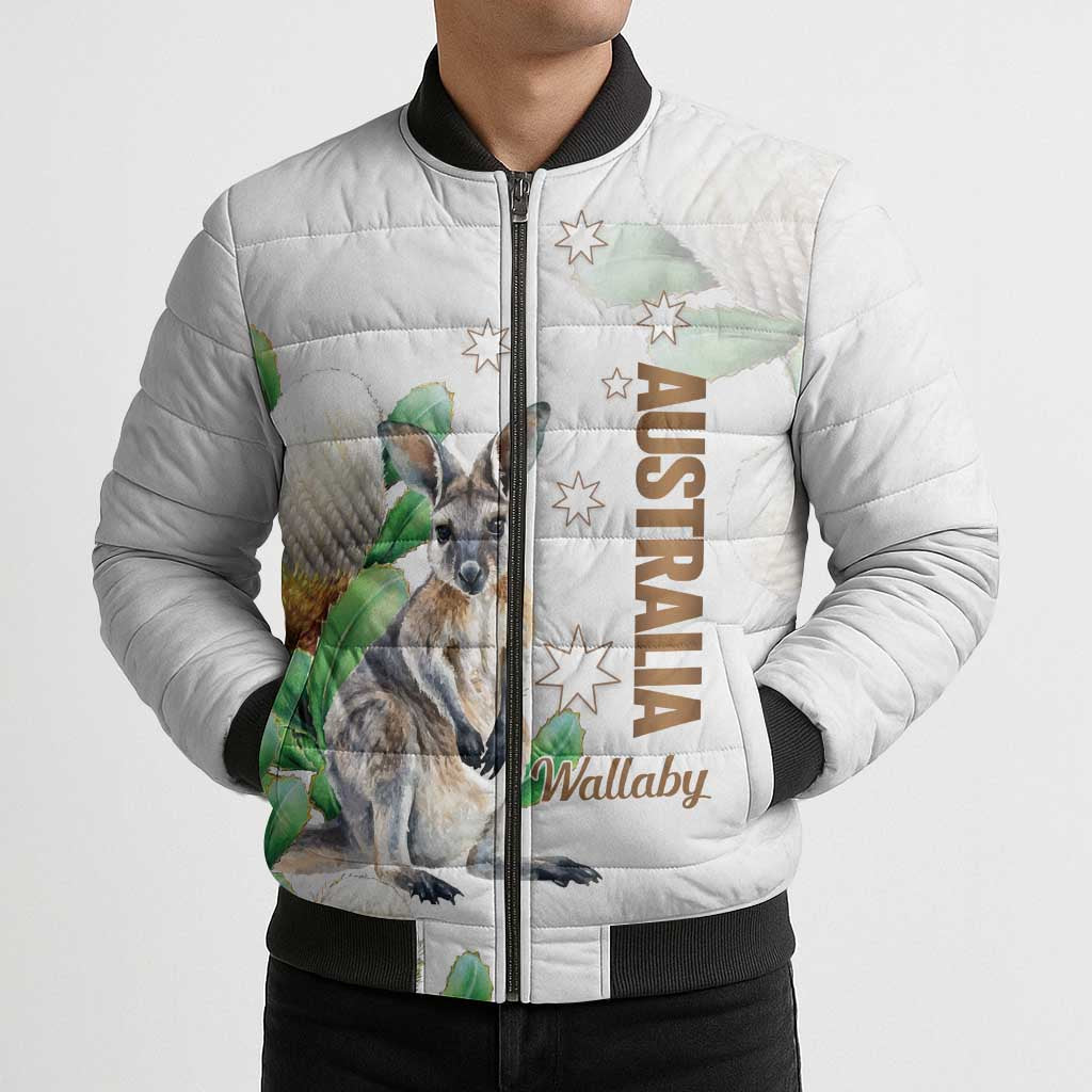 Australia Wallaby Bomber Puffer Jacket Yellow Banksia Watercolor Style - Aussie Hoodie