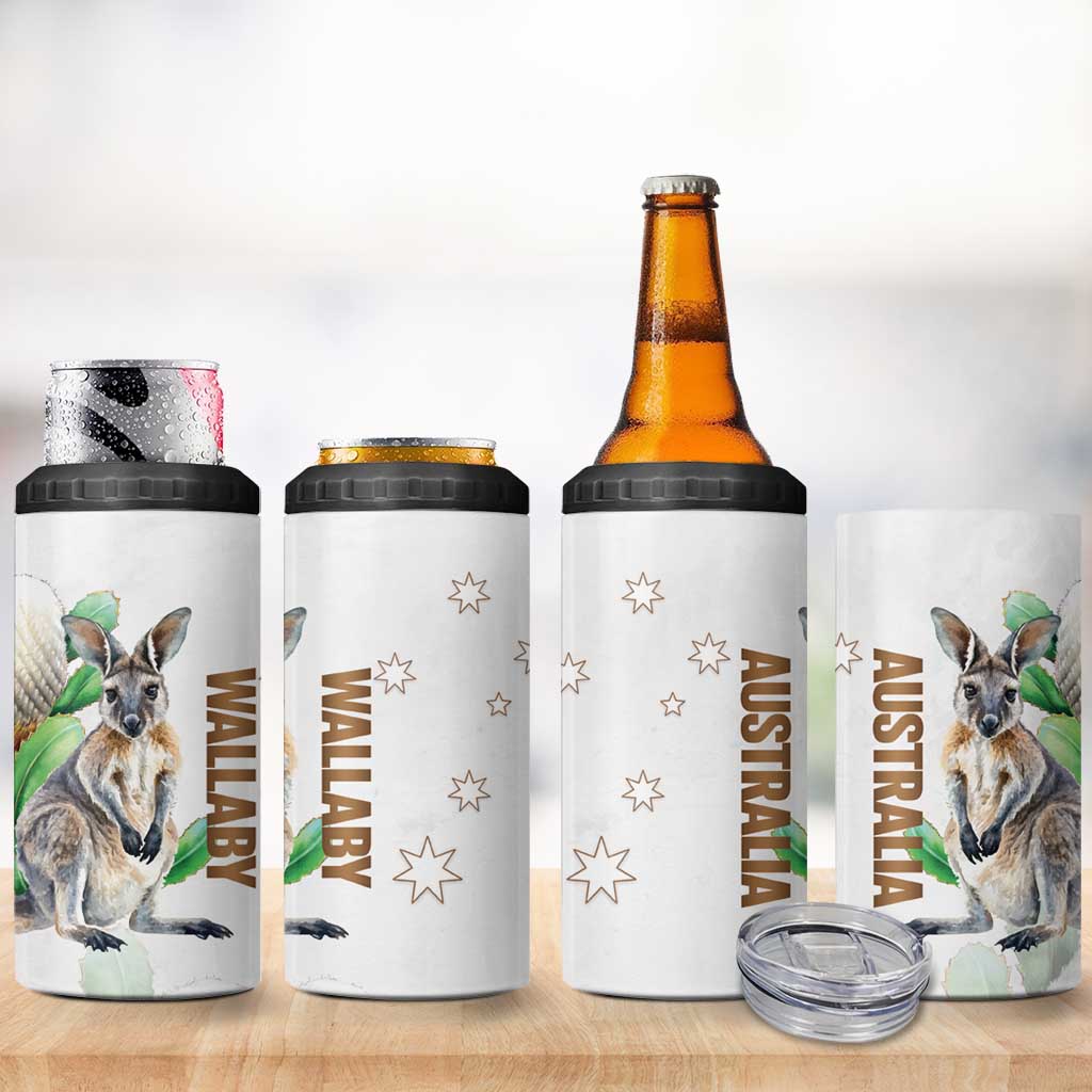 Australia Wallaby 4 in 1 Can Cooler Tumbler Yellow Banksia Watercolor Style - Aussie Hoodie