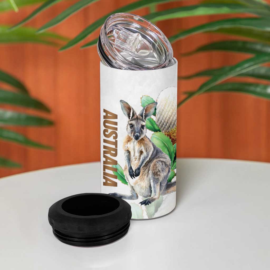 Australia Wallaby 4 in 1 Can Cooler Tumbler Yellow Banksia Watercolor Style - Aussie Hoodie