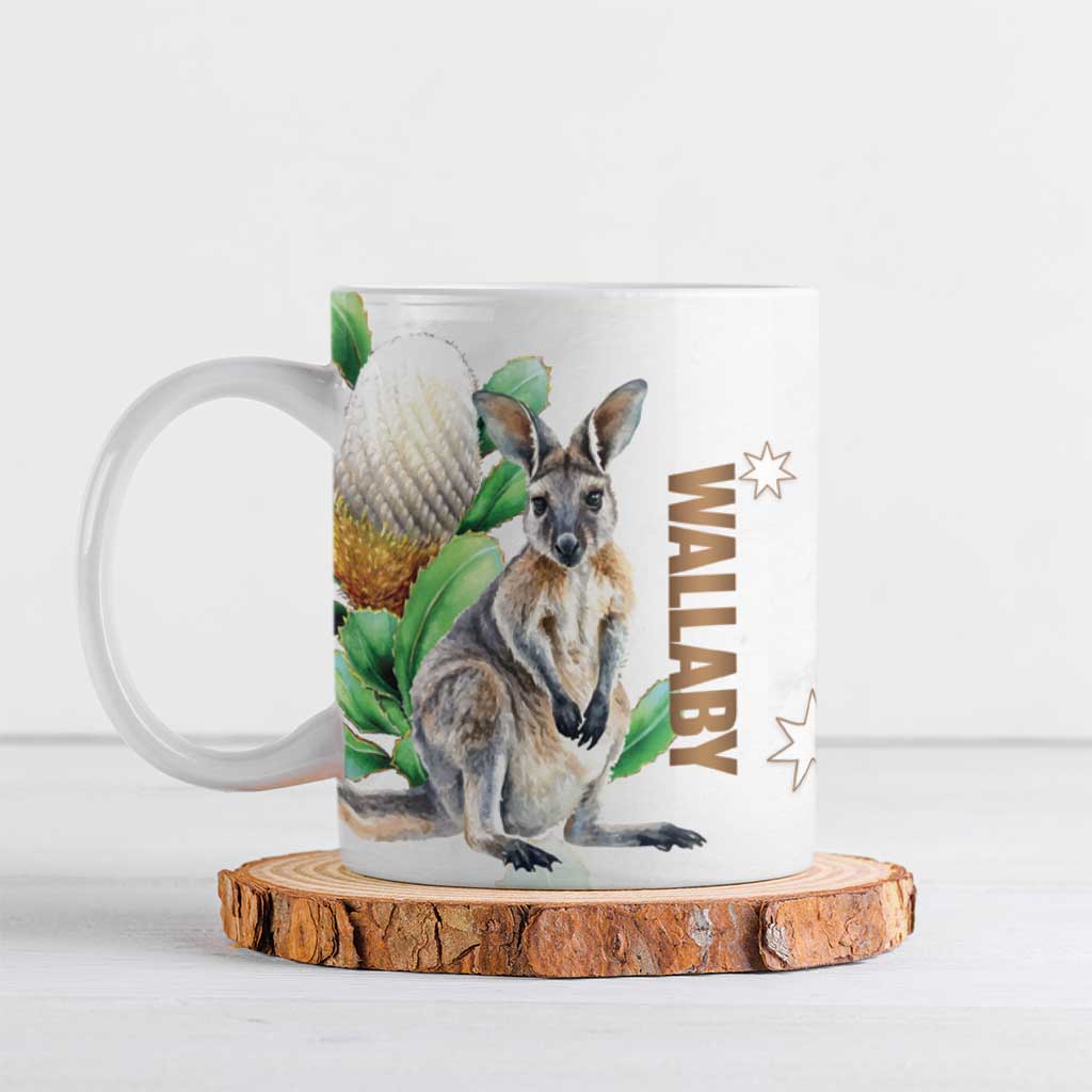Australia Wallaby Ceramic Mug Yellow Banksia Watercolor Style - Aussie Hoodie