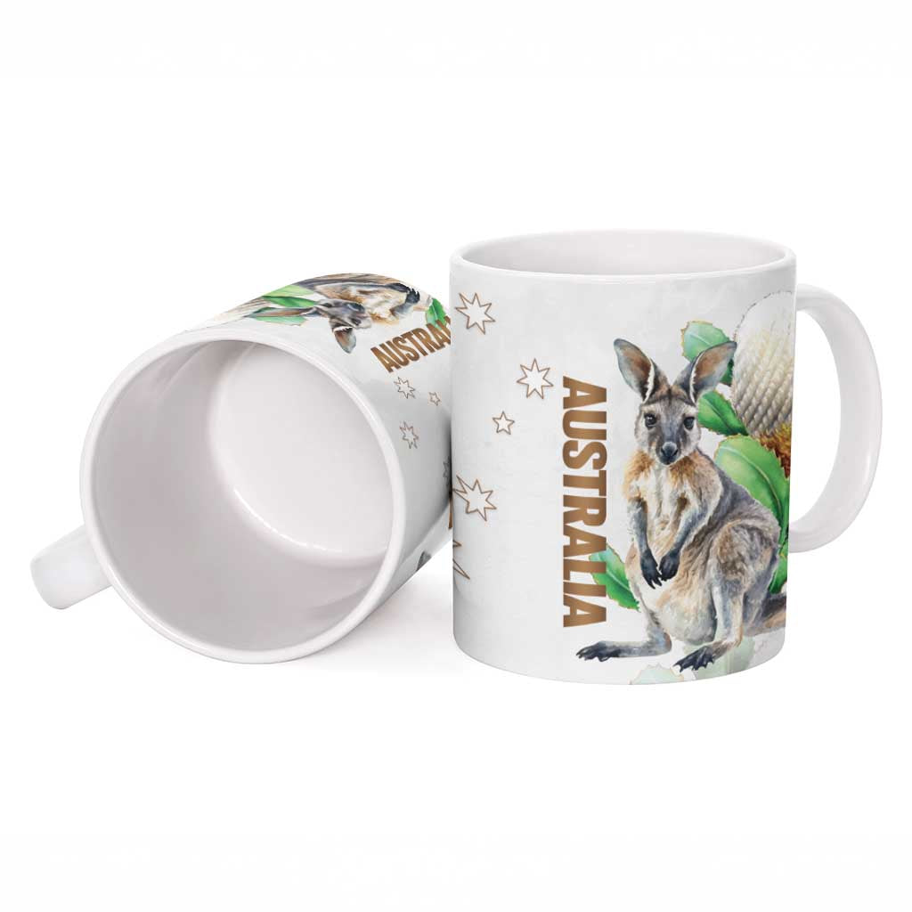Australia Wallaby Ceramic Mug Yellow Banksia Watercolor Style - Aussie Hoodie