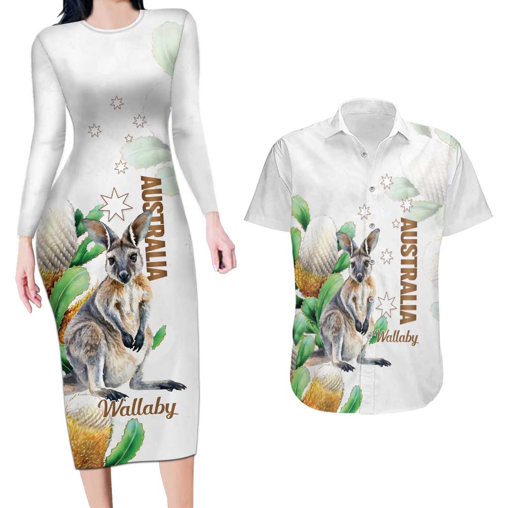 Australia Wallaby Couples Matching Long Sleeve Bodycon Dress and Hawaiian Shirt Yellow Banksia Watercolor Style - Aussie Hoodie