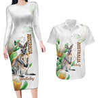 Australia Wallaby Couples Matching Long Sleeve Bodycon Dress and Hawaiian Shirt Yellow Banksia Watercolor Style - Aussie Hoodie
