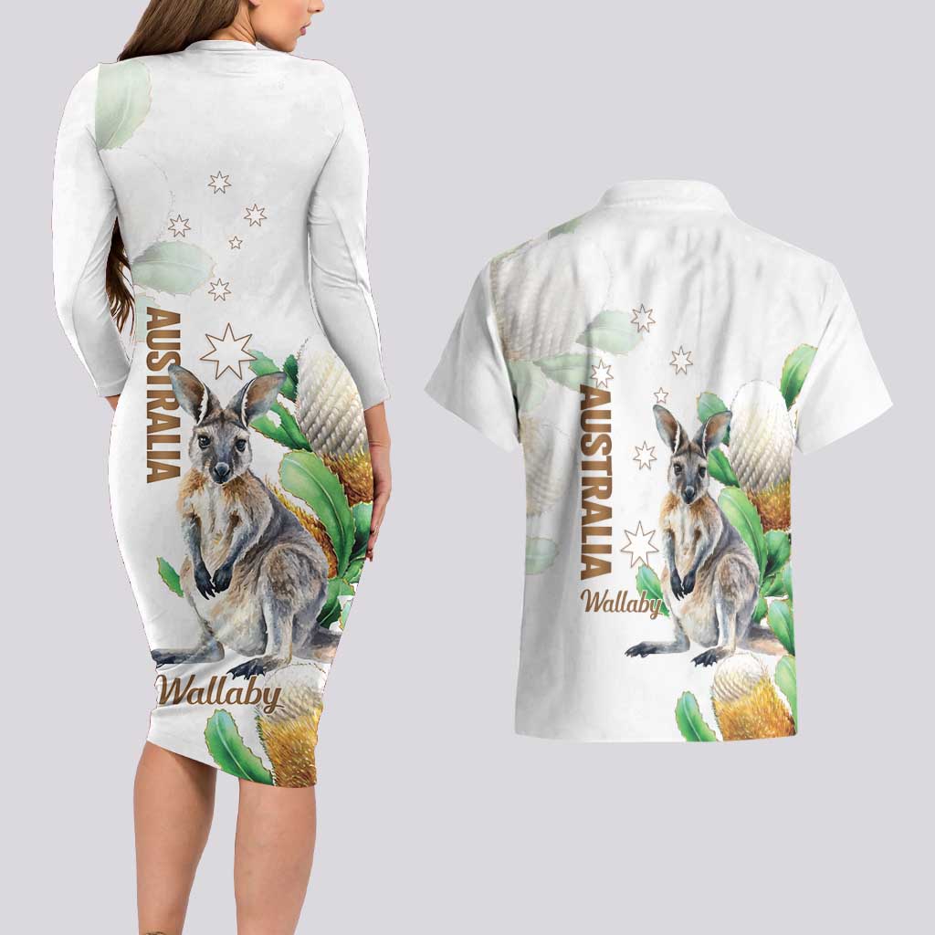 Australia Wallaby Couples Matching Long Sleeve Bodycon Dress and Hawaiian Shirt Yellow Banksia Watercolor Style - Aussie Hoodie