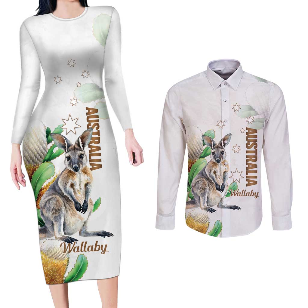 Australia Wallaby Couples Matching Long Sleeve Bodycon Dress and Long Sleeve Button Shirt Yellow Banksia Watercolor Style - Aussie Hoodie