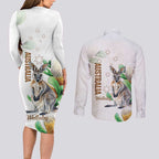 Australia Wallaby Couples Matching Long Sleeve Bodycon Dress and Long Sleeve Button Shirt Yellow Banksia Watercolor Style - Aussie Hoodie