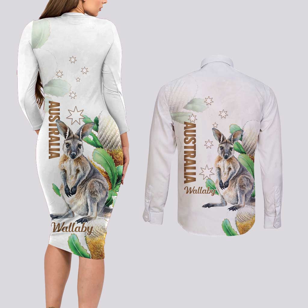 Australia Wallaby Couples Matching Long Sleeve Bodycon Dress and Long Sleeve Button Shirt Yellow Banksia Watercolor Style - Aussie Hoodie