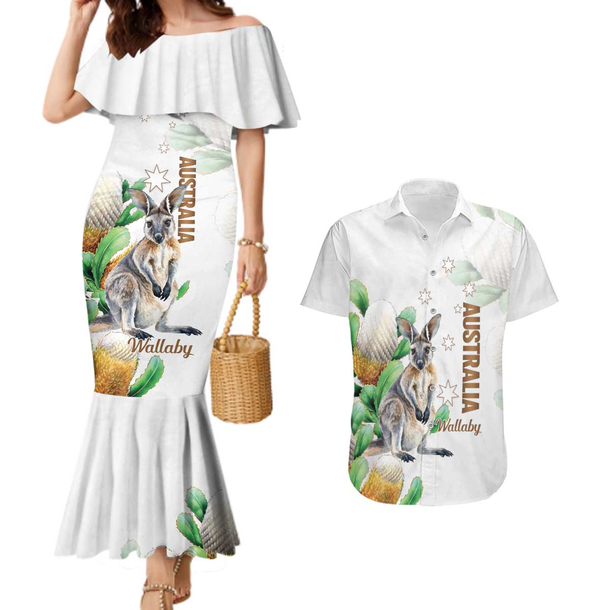 Australia Wallaby Couples Matching Mermaid Dress and Hawaiian Shirt Yellow Banksia Watercolor Style - Aussie Hoodie