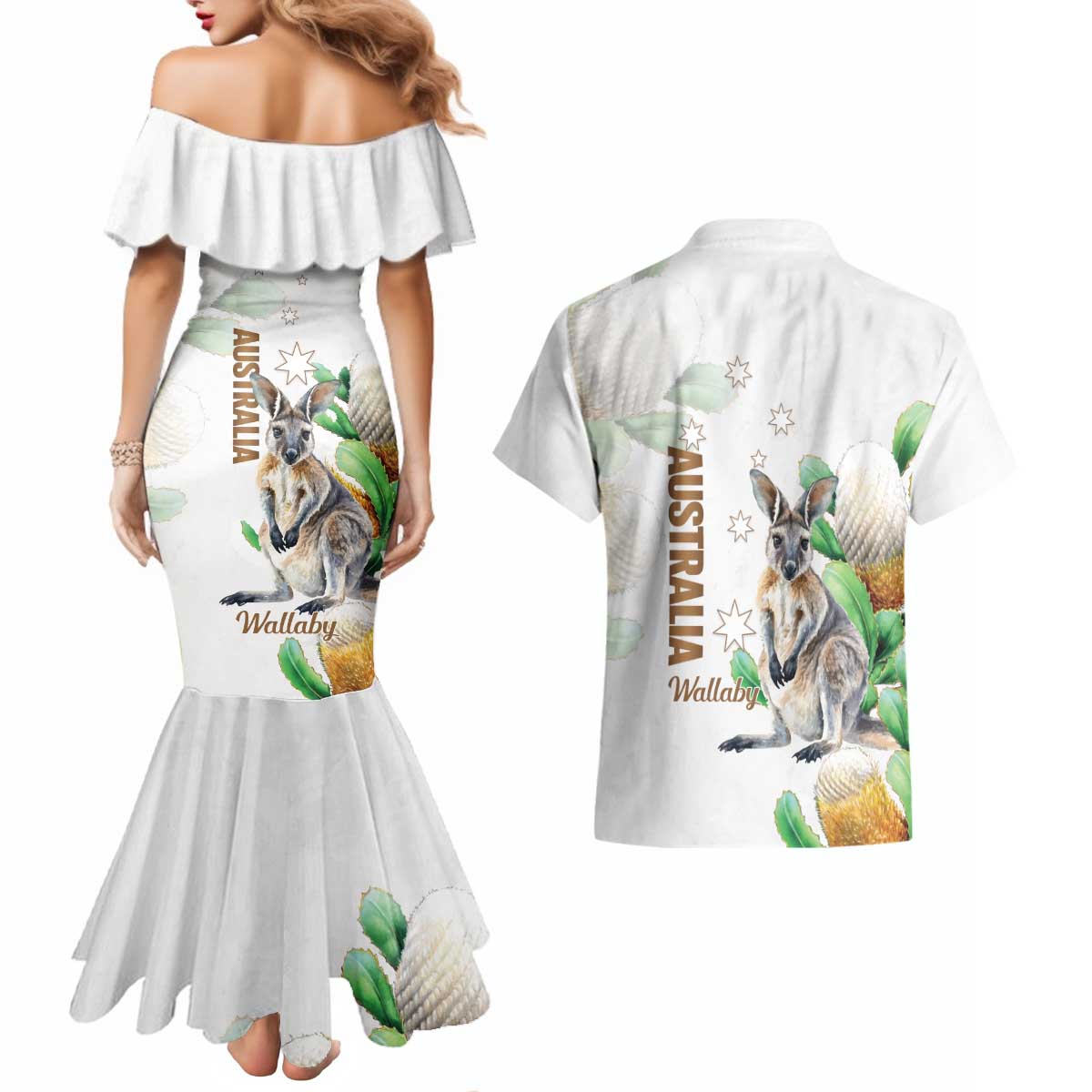 Australia Wallaby Couples Matching Mermaid Dress and Hawaiian Shirt Yellow Banksia Watercolor Style - Aussie Hoodie