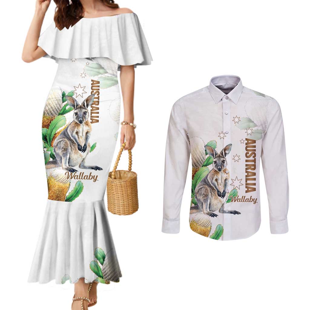 Australia Wallaby Couples Matching Mermaid Dress and Long Sleeve Button Shirt Yellow Banksia Watercolor Style - Aussie Hoodie
