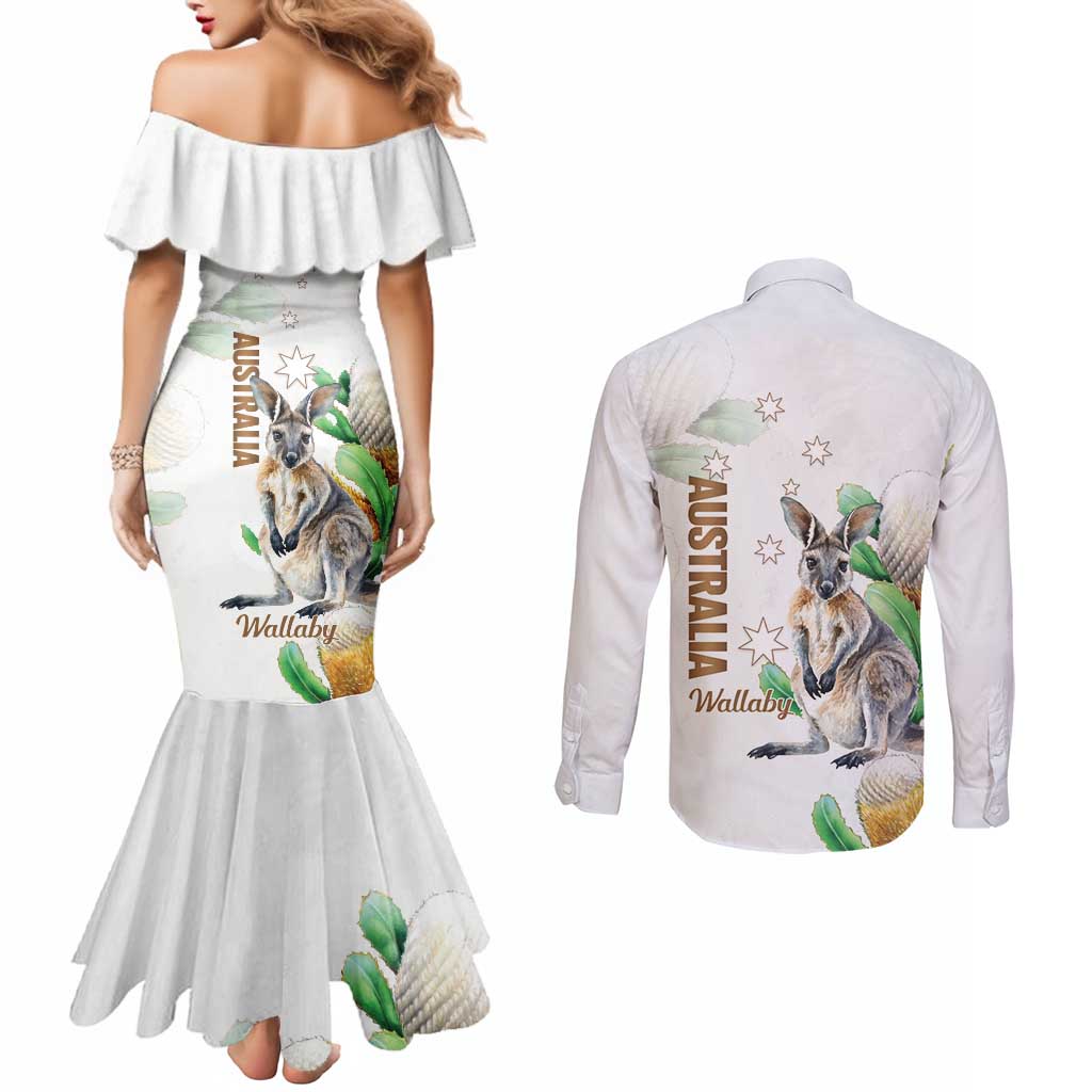 Australia Wallaby Couples Matching Mermaid Dress and Long Sleeve Button Shirt Yellow Banksia Watercolor Style - Aussie Hoodie