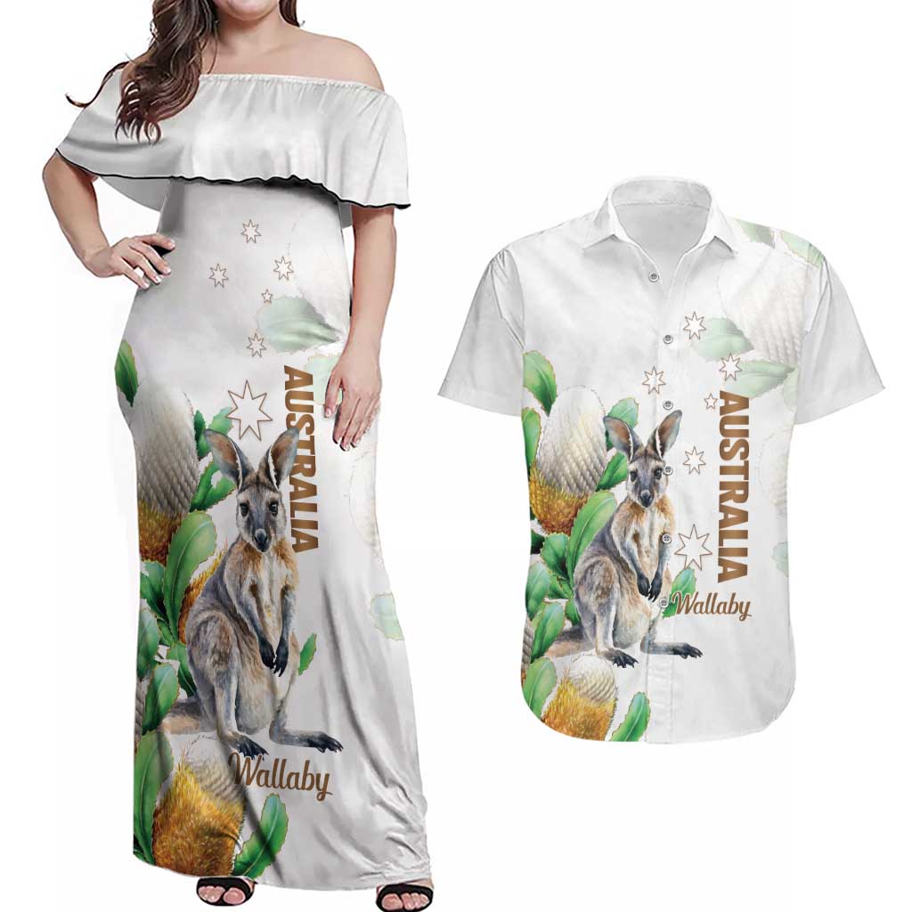 Australia Wallaby Couples Matching Off Shoulder Maxi Dress and Hawaiian Shirt Yellow Banksia Watercolor Style - Aussie Hoodie