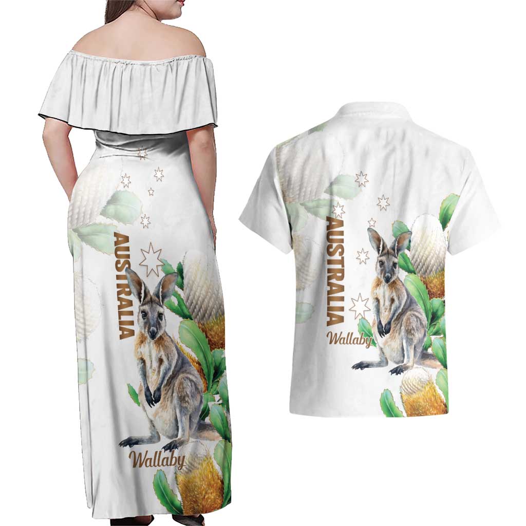 Australia Wallaby Couples Matching Off Shoulder Maxi Dress and Hawaiian Shirt Yellow Banksia Watercolor Style - Aussie Hoodie