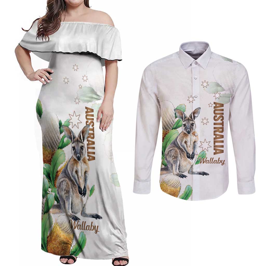 Australia Wallaby Couples Matching Off Shoulder Maxi Dress and Long Sleeve Button Shirt Yellow Banksia Watercolor Style - Aussie Hoodie