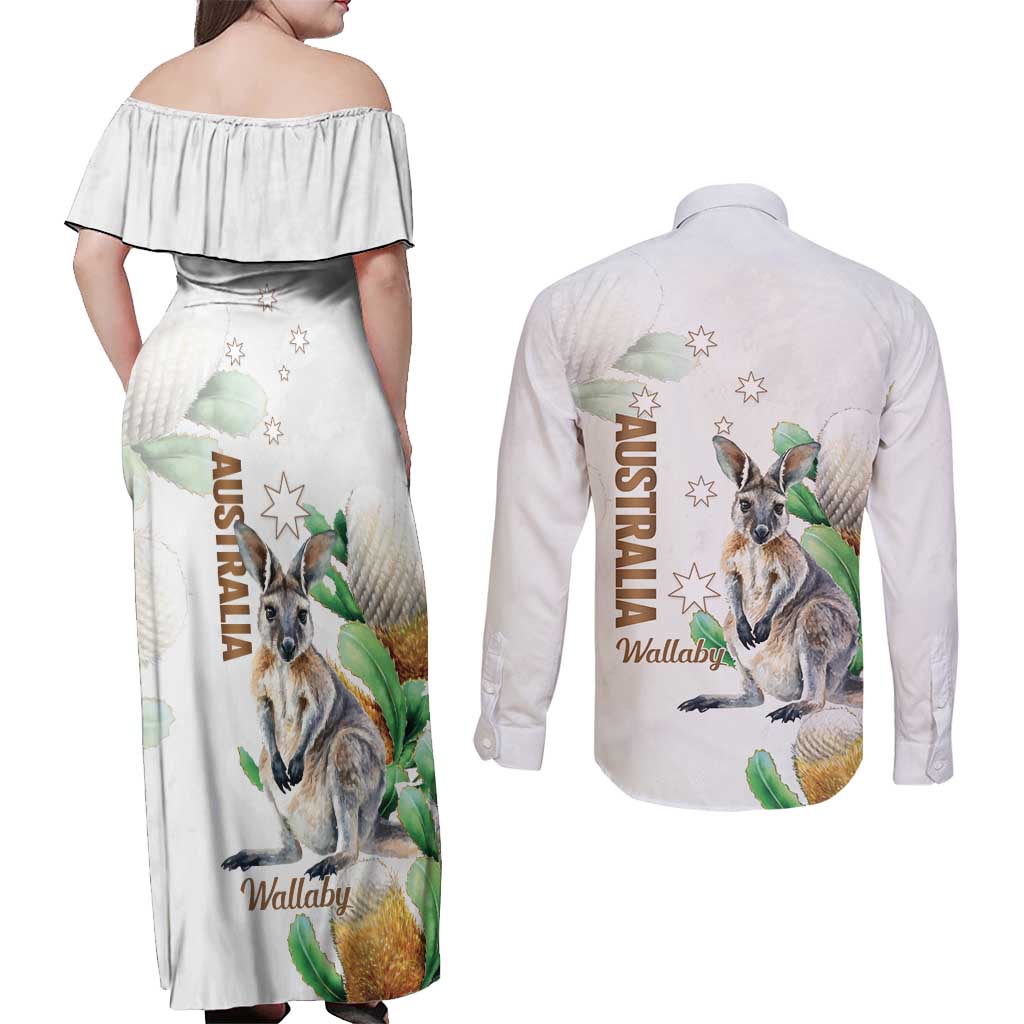 Australia Wallaby Couples Matching Off Shoulder Maxi Dress and Long Sleeve Button Shirt Yellow Banksia Watercolor Style - Aussie Hoodie