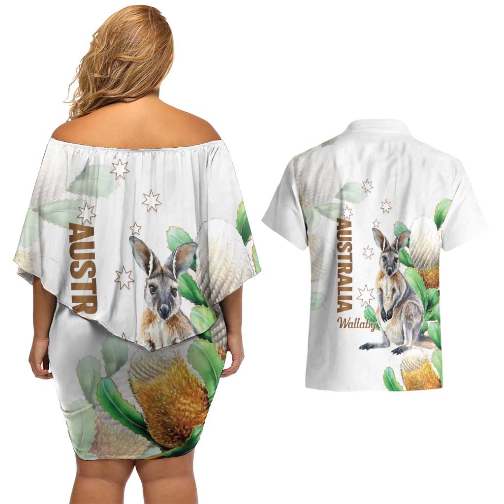 Australia Wallaby Couples Matching Off Shoulder Short Dress and Hawaiian Shirt Yellow Banksia Watercolor Style - Aussie Hoodie