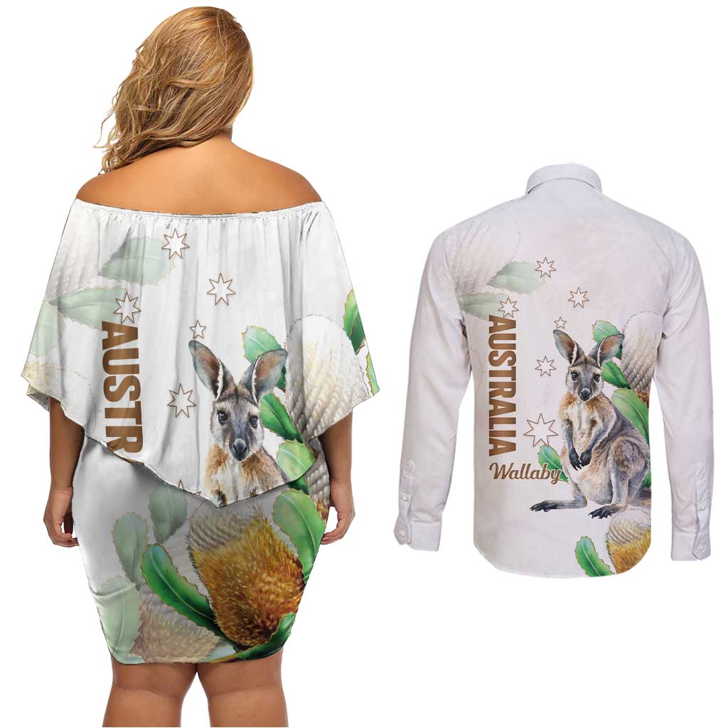 Australia Wallaby Couples Matching Off Shoulder Short Dress and Long Sleeve Button Shirt Yellow Banksia Watercolor Style - Aussie Hoodie
