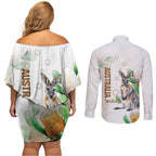 Australia Wallaby Couples Matching Off Shoulder Short Dress and Long Sleeve Button Shirt Yellow Banksia Watercolor Style - Aussie Hoodie