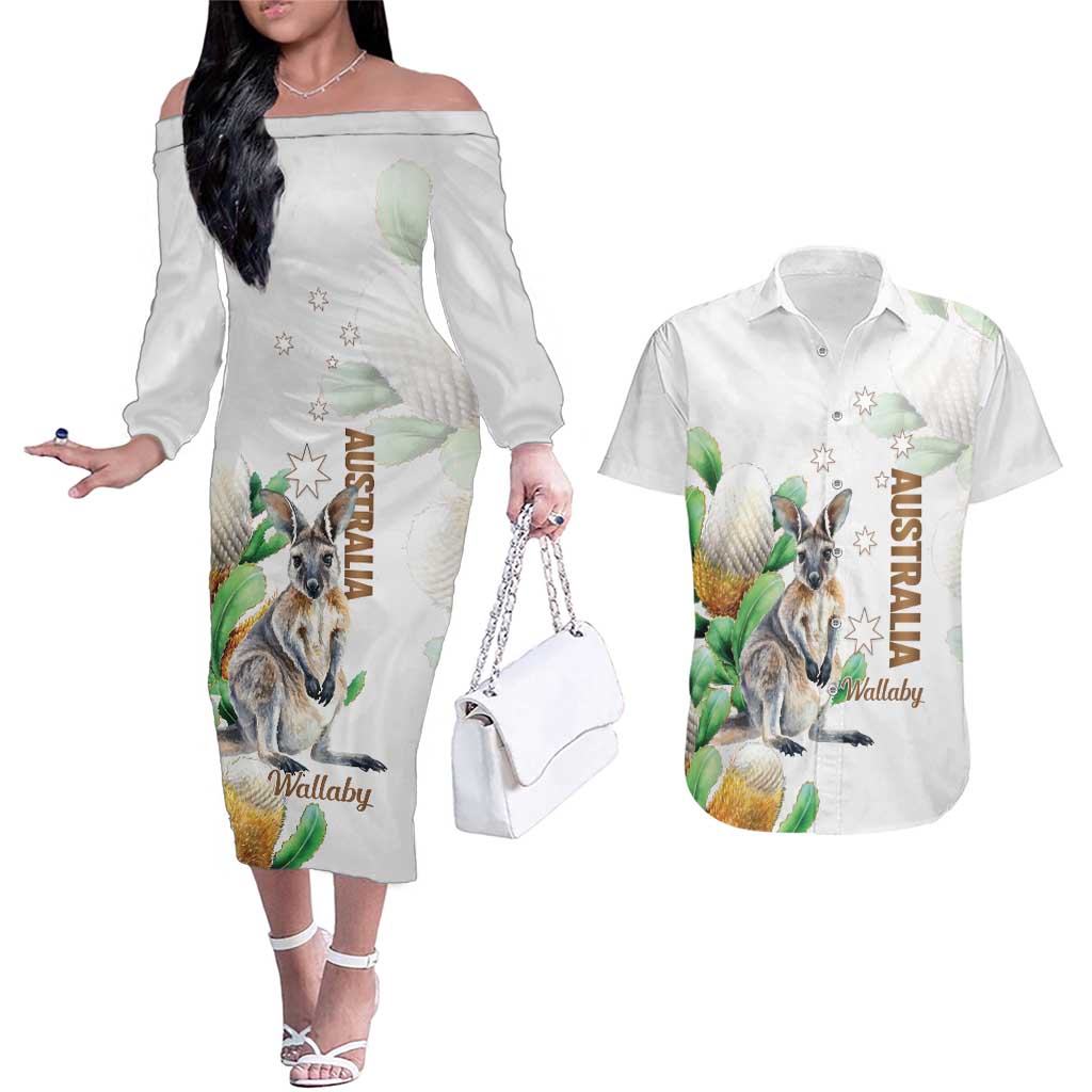 Australia Wallaby Couples Matching Off The Shoulder Long Sleeve Dress and Hawaiian Shirt Yellow Banksia Watercolor Style - Aussie Hoodie