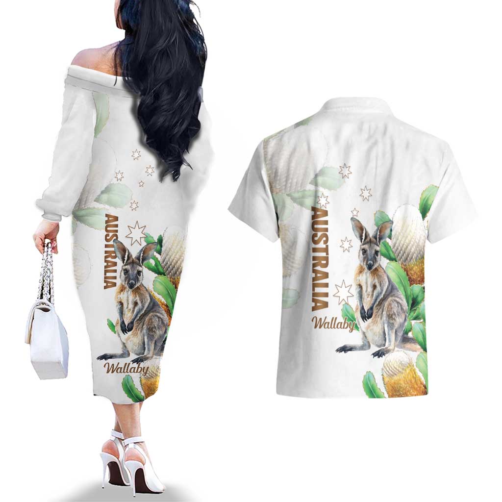 Australia Wallaby Couples Matching Off The Shoulder Long Sleeve Dress and Hawaiian Shirt Yellow Banksia Watercolor Style - Aussie Hoodie