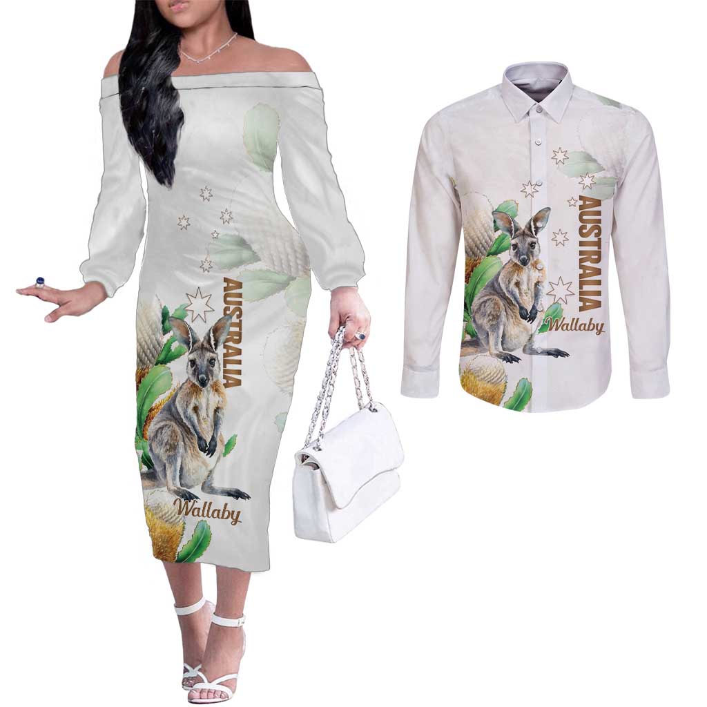 Australia Wallaby Couples Matching Off The Shoulder Long Sleeve Dress and Long Sleeve Button Shirt Yellow Banksia Watercolor Style - Aussie Hoodie