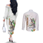 Australia Wallaby Couples Matching Off The Shoulder Long Sleeve Dress and Long Sleeve Button Shirt Yellow Banksia Watercolor Style - Aussie Hoodie