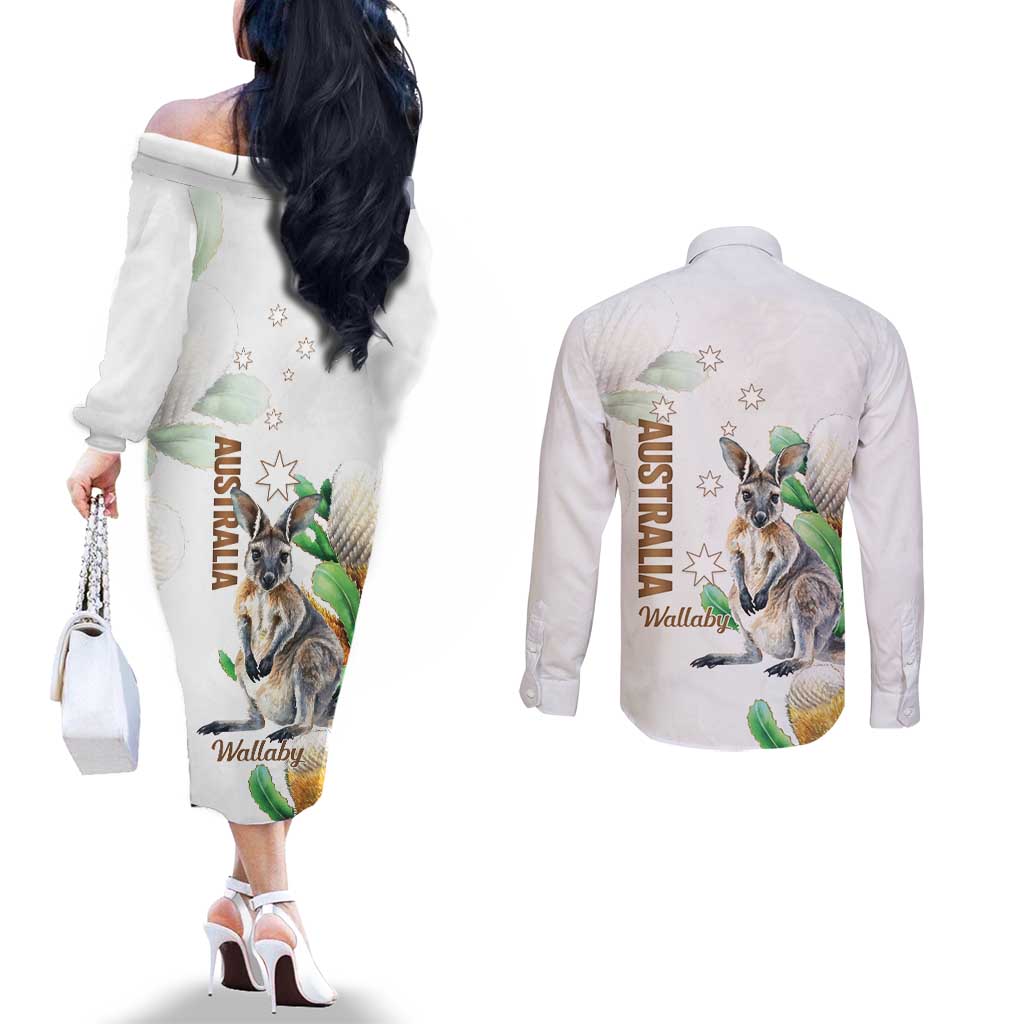 Australia Wallaby Couples Matching Off The Shoulder Long Sleeve Dress and Long Sleeve Button Shirt Yellow Banksia Watercolor Style - Aussie Hoodie