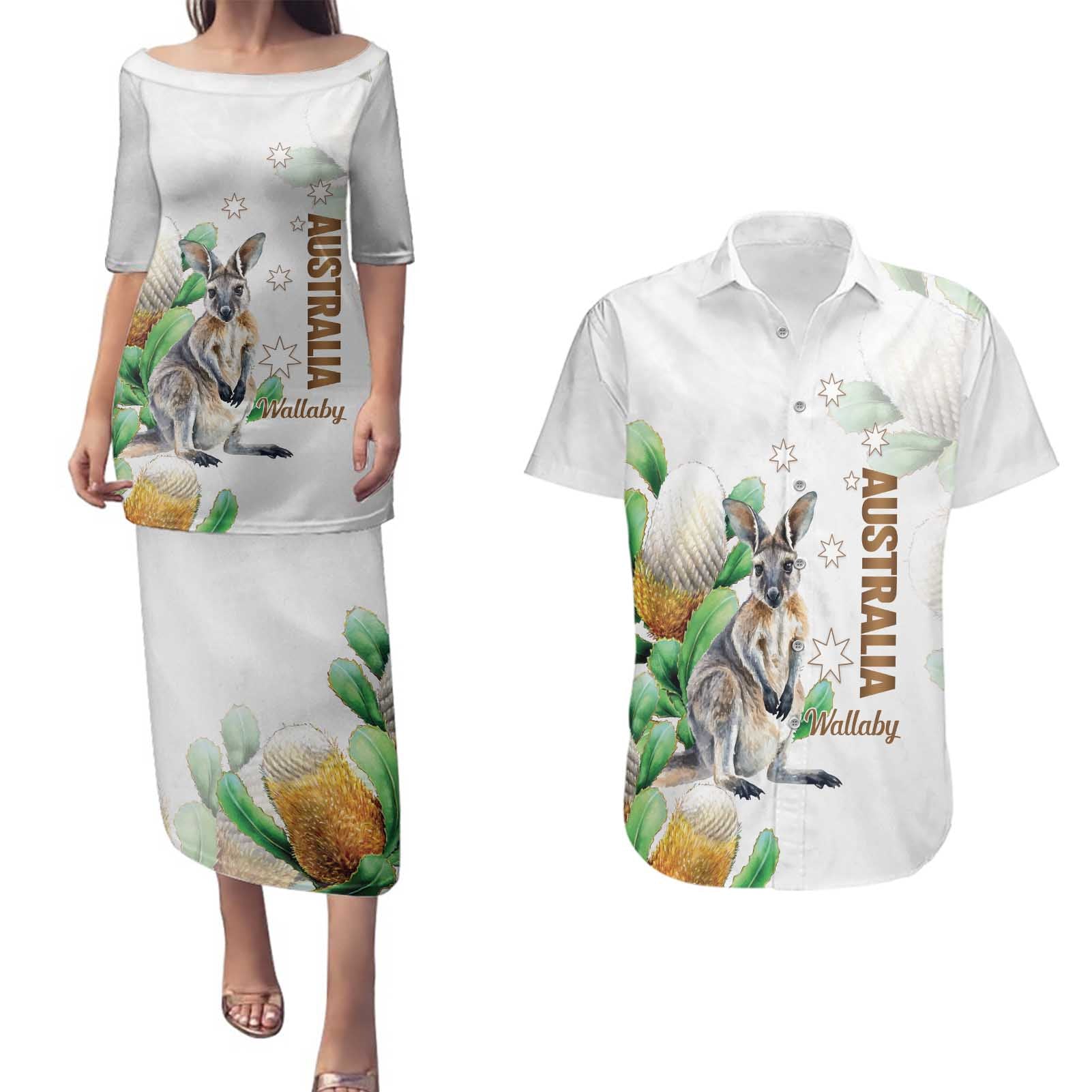 Australia Wallaby Couples Matching Puletasi and Hawaiian Shirt Yellow Banksia Watercolor Style - Aussie Hoodie