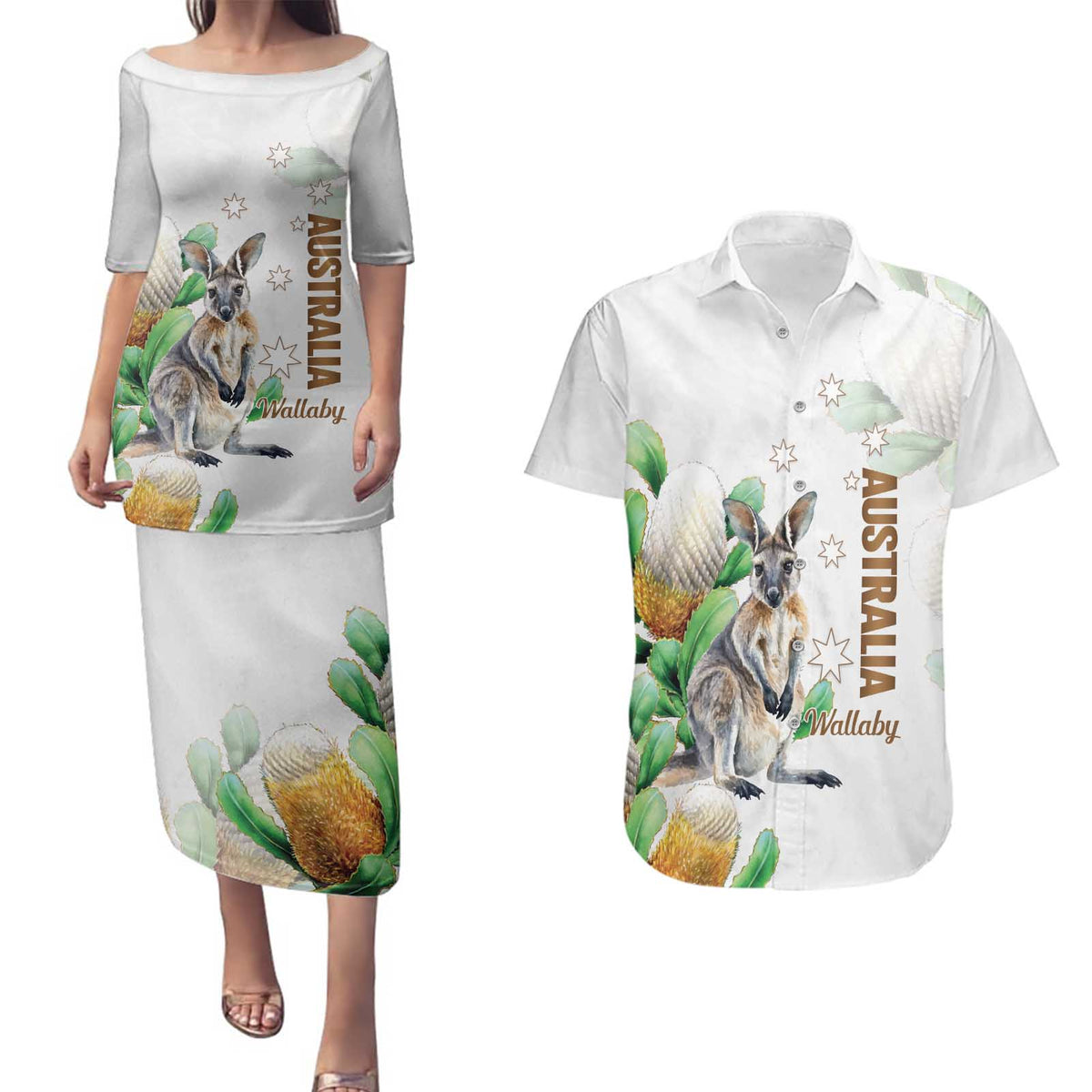 Australia Wallaby Couples Matching Puletasi and Hawaiian Shirt Yellow Banksia Watercolor Style - Aussie Hoodie