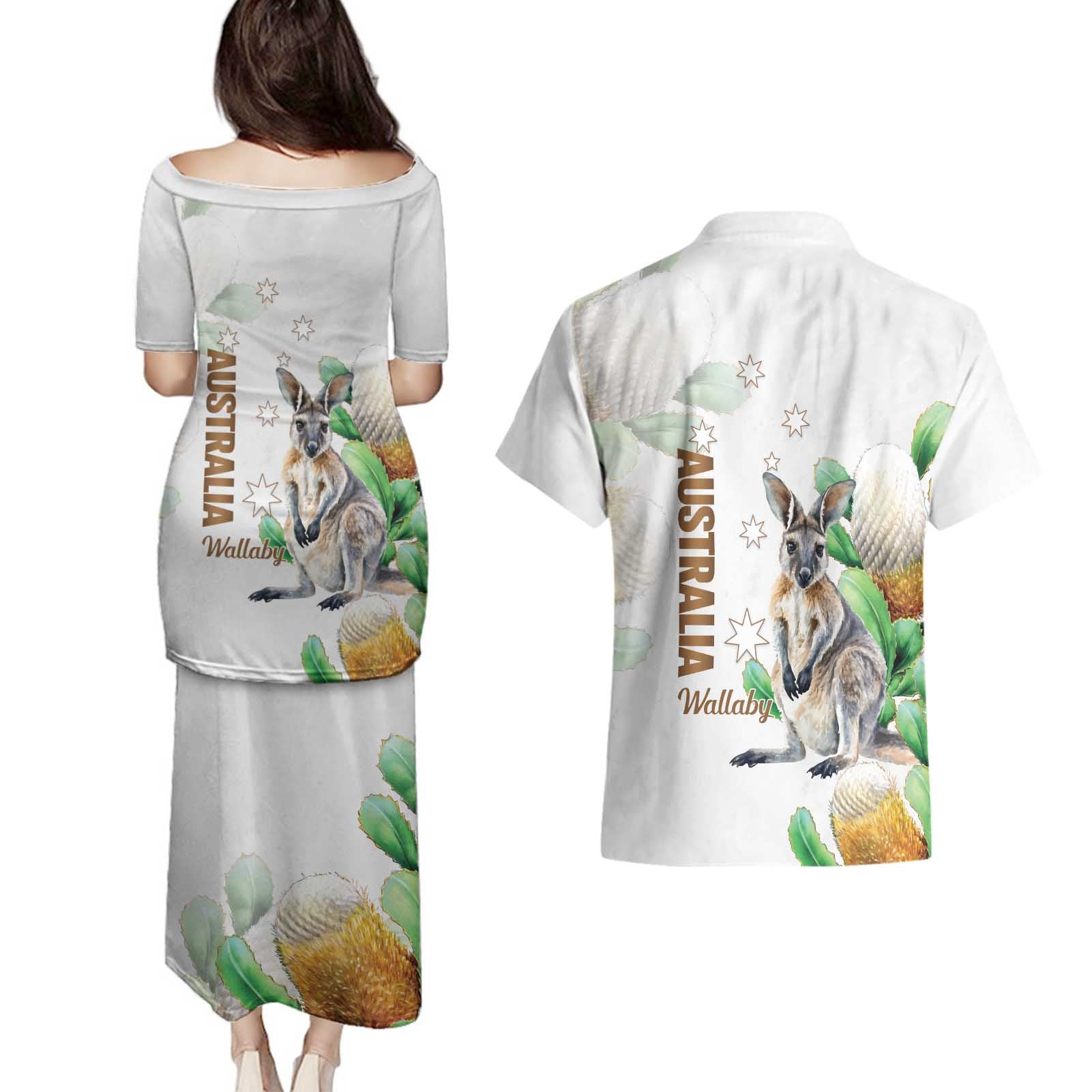 Australia Wallaby Couples Matching Puletasi and Hawaiian Shirt Yellow Banksia Watercolor Style - Aussie Hoodie
