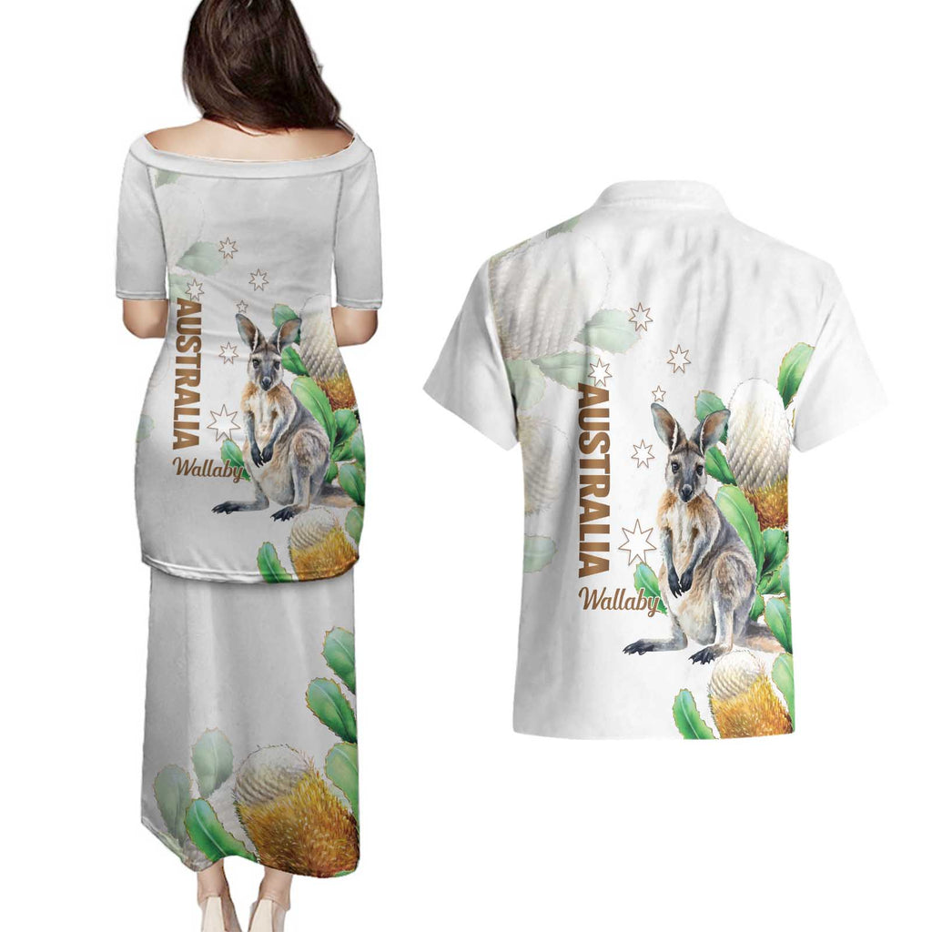 Australia Wallaby Couples Matching Puletasi and Hawaiian Shirt Yellow Banksia Watercolor Style - Aussie Hoodie
