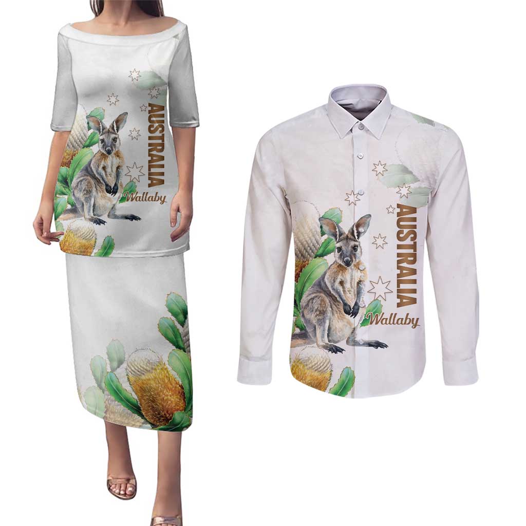 Australia Wallaby Couples Matching Puletasi and Long Sleeve Button Shirt Yellow Banksia Watercolor Style - Aussie Hoodie